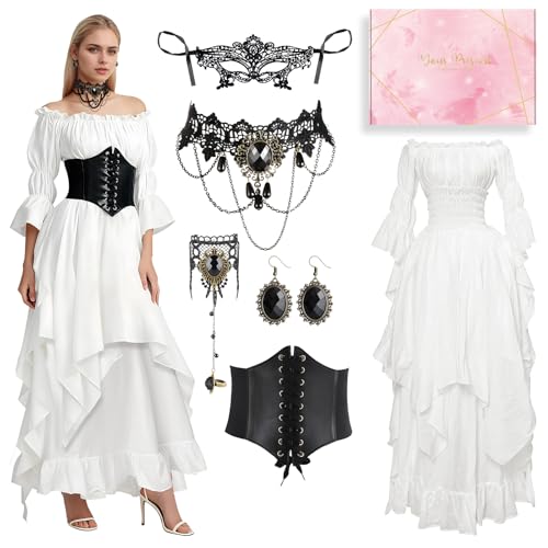 TOSZOLY Viktorianisches Kleid, Mittelalter Kleid Damen mit Gothic Halsketten, Armbändern, Vintage Ohrringen, Renaissance Kostüm Frauen...