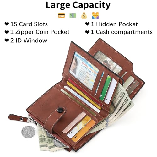 Image of Wallet for Men Large Capacity Leather RFID Blocking Trifold Wallet with 2 ID Windows and 15 Card Holders