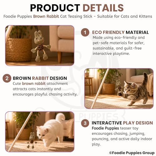 Image of Foodie Puppies Interactive Wooden Teaser Stick with Funny Animal Attachments - (Brown Rabbit) | Suitable for Cats and Kittens | Indoor and Outdoor, Play & Exercise (Size: 40cm)