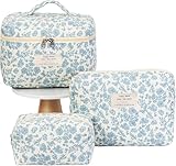 Kosmetiktasche Damen Reise Make Up Tasche, 3 Stück Große Baumwolle Kulturtasche Make-Up Organizer Tasche Cosmetic Bag mit Blumenmuster für Kosmetik Kosmetikartikel (Blaue kleine Blume)