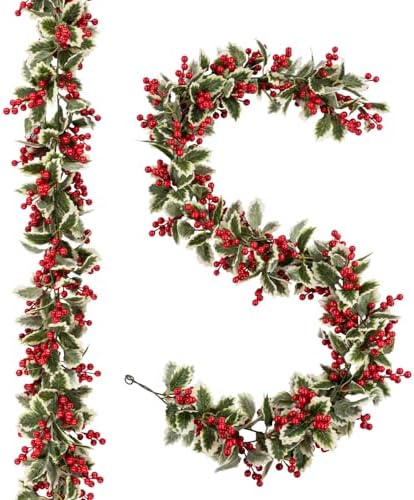 Findosom Total 11.6FT Christmas Garland for Mantle, 2PCS Flexible Red Berry Garland with Leaves, Artificial Garlands for Decoration Christmas Fireplace Indoor Outdoor Home Stairs Holiday Decor