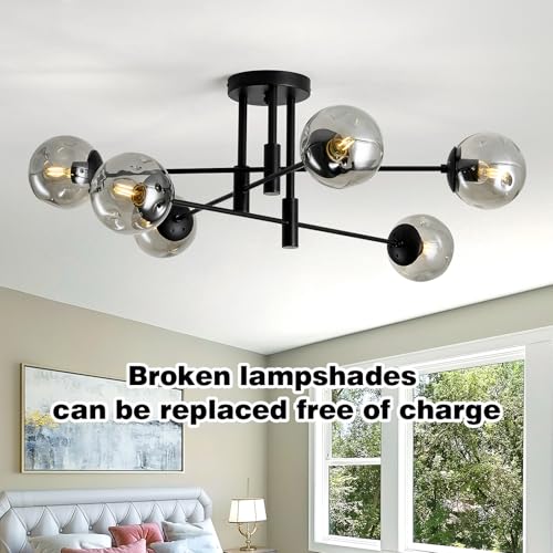 Image of 6-Lights Glass Globe Sputnik Chandelier Modern Flush Mount Ceiling Light Fixture Black Farmhouse Lighting for Dining Room Living Room Bedroom Kitchen Passageway.