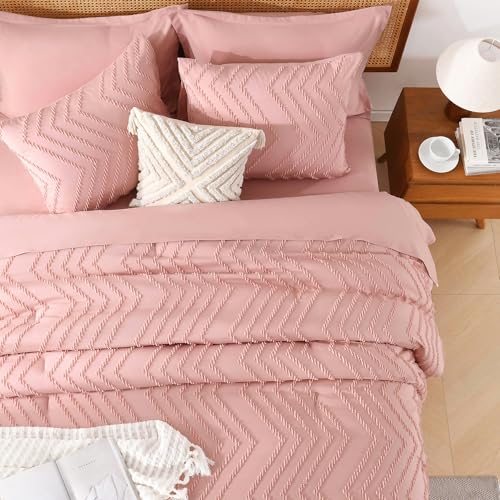 Image of Litanika Blush Pink Full Size Comforter Set with Sheets - 7 Pieces Bed in a Bag Full Boho Tufted Complete Bedding Sets with Comforter, Sheets, Pillowcases & Shams