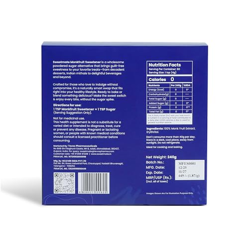 Image of Sweetmate Monkfruit Sweetener - 60 Sachets (240g) | Natural Zero Calorie Sugar Substitute | Low Carb 1:1 Sugar Replacer | Keto Diabetic Friendly Monk Fruit Extract Sweetener | Cooking Baking Tea Coffee