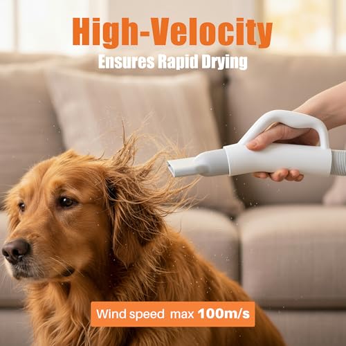 Image of NEWBULIG Dog Hair Dryer with Heater for Grooming, Temperature Adjustable | 1550W High Velocity Speed Pet Blow Dryer with 4 Nozzles, White