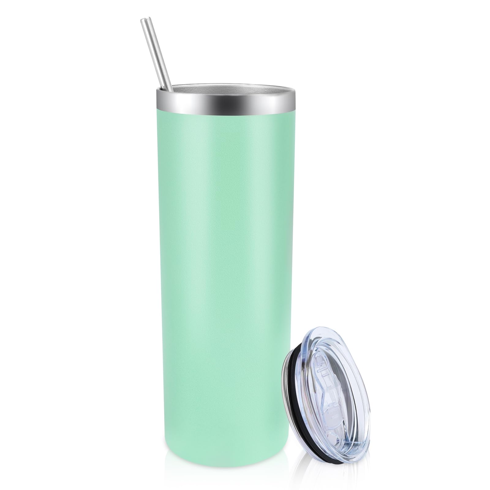 Volhoply 600ml (20oz) Skinny Tumbler with Lid and Straw, Stainless Steel Straight Tumblers Cup, Vacuum Insulated Coffee Mug for Home, Office, Travel, DIY (Mint,1 Pack) — image 1