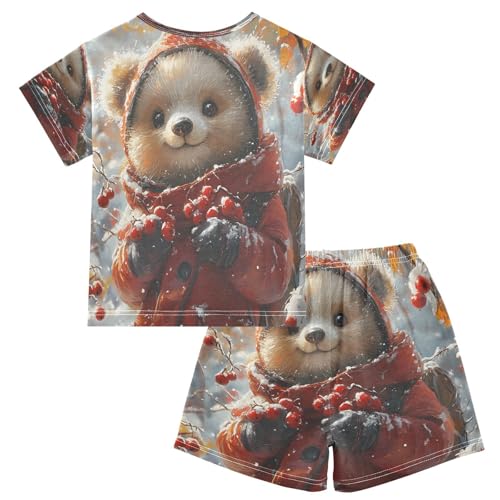 ALAZA Cute Bear Fruit Snow Pajamas Set Short Sleeve Cotton Sleepwear Summer Pjs 2 Piece 5-14Y2