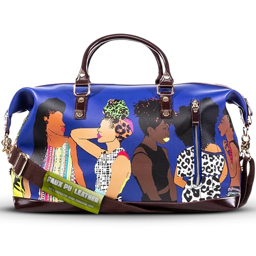 Pardon My Fro Fashion Duffle Bag for Women – Cute Afro-Inspired Faux Leather Weekender Bag, Waterproof Carryon Luggage, Large Travel Duffle for Sleepover, Overnight, Gym, & Hospital – 50x31x23cm Blue