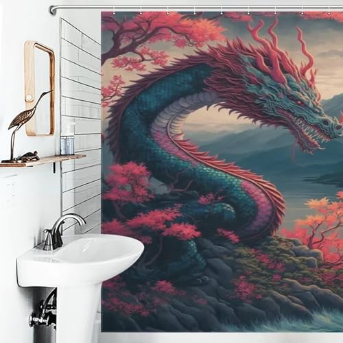 Rideau de bain imperméable dragon en polyester avec 12 crochets de rideau - 6