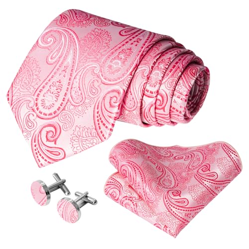 Image of 5PCS Mens Silk Designer Tie, Pocket Square, Cufflinks, Drilled Tie Ring and Lapel Pin Set for Wedding Groom Party
