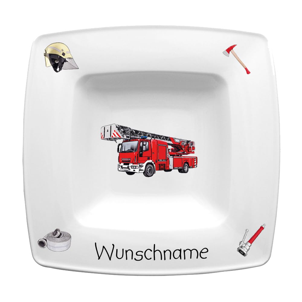 Suppenteller eckig 22cm Kinderteller Teller Porzellan Feuerwehr personalisierbar mit Wunschname Name Kindergeschirr mit Namen personalisiert