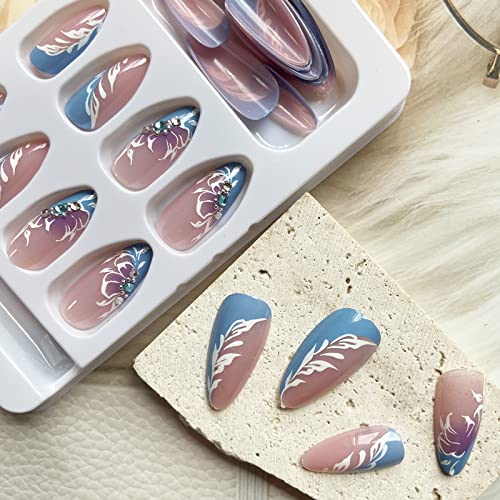 Almond Shape Press On Nails, Medium Length Fake Nails With Rhinestone Designs Purple Flower Acrylic Nails French Stick On Nails Blue Glue On Nails For Women And Girls Spring Summer Nails Decoration #TOP3