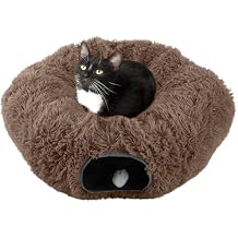Cat Tunnel with Bed for Indoor Cats - 3FT Multifunctional Cat Tunnel Bed with Toys - Soft, Plush Peekaboo Cat Cave for Kittens, Cats, Ferrets, and Rabbits - Cat Products by PETMAKER Brown