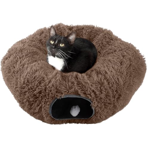 Cat Tunnel with Bed for Indoor Cats - 3FT Multifunctional Cat Tunnel Bed with Toys - Soft, Plush Peekaboo Cat Cave for Kittens, Cats, Ferrets, and Rabbits - Cat Products by PETMAKER (Brown)