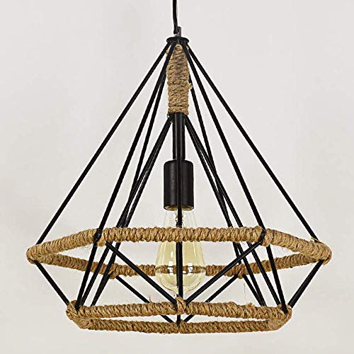 Lustre en corde de chanvre rétro cage diamant luminaire suspension industrielle E27