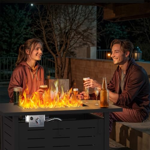 Image of Aoxun 42 in Propane Fire Pit, 60,000 BTU Outdoor Gas Fire Table with Waterproof Cover, Rectangular Steel Fire Table with Lid and Lava Rock for Outdoor, Patio, Backyard, Black