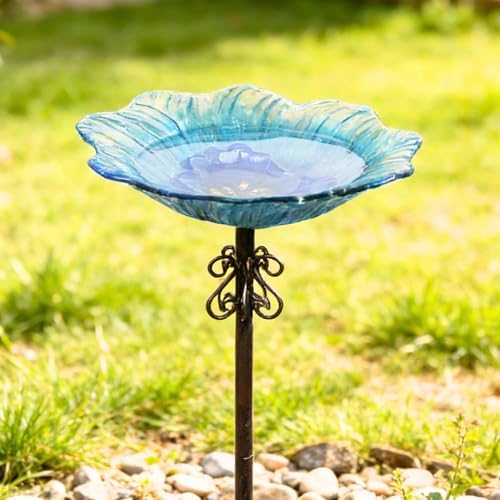 hogardeck 2 in 1 Floral Glass Bird Bath & Feeder - Hanging or Freestanding Outdoor Bird Bath with Sturdy 5-Pronged Base for Garden, Patio, Yard, Lawn Decor - 1