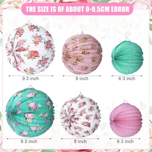 Baquler 6 Pcs Tea Party Decorations Lanterns 3 Sizes Floral Flowers Party Hanging Round Lanterns for Mother's Day Bridal Spring Baby Shower Birthday Wedding Decor