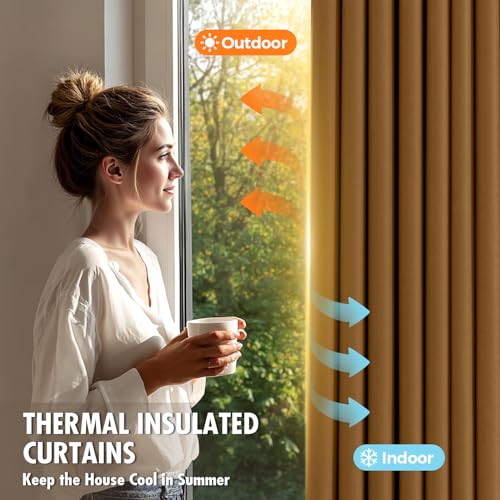 Image of MIULEE Golden Brown Blackout Bedroom Curtains Drapes 96 Inch Long 52 inchx96 inch | Grommet Top, Room Darkening Window Drapes, Privacy Protection, Thermal Insulated, Heat Blocking, Light Blocking