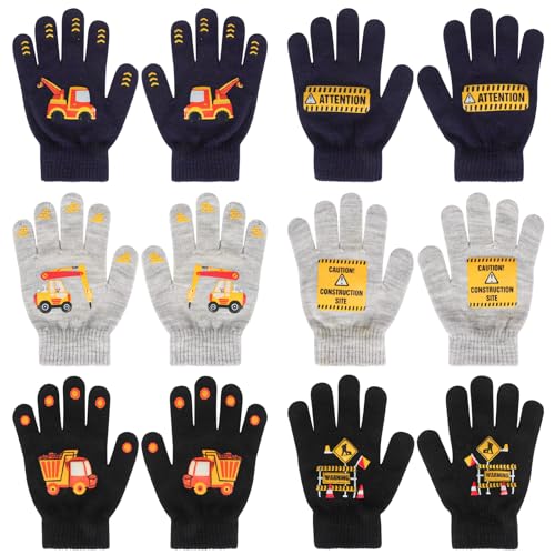 6 Pairs Kid’s Magic Gloves, Unisex Stretch Mittern Children's Warm Knit Gloves Winter Thermal Glove Full Fingers Glove Cold Weather Mitterns Excavator Slogan Pattern for Boys Girls 4-12 Years