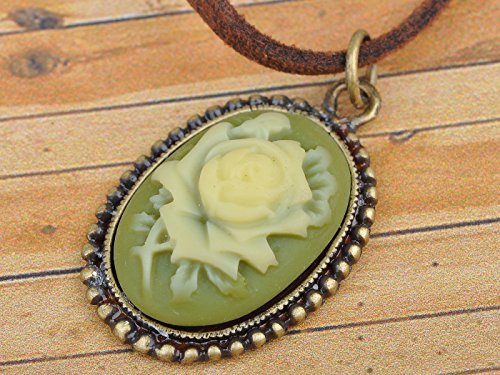 Alilang Antique Golden Tone Vintage Faux Suede Enamel Rose Oval Pendant Necklace4