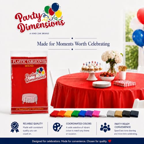 Image of Party Dimensions Red Disposable Plastic Tablecloth, Round, 84 inch, 12 Pack | Disposable Waterproof Table Cover for Birthdays, Weddings, Graduations, Picnics & BBQs, Indoor /Outdoor, Fits Tables up to 72 inch
