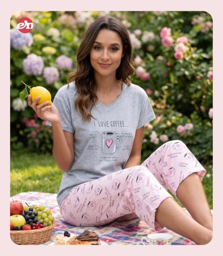 Image of ENJOYNIGHT Womens Pajama Sets Cotton Pj Set Short Sleeve Top With Capri Pants Sleepwear 2 Piece Lounge Set