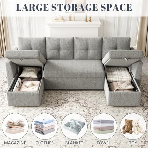 Image of Huatean Home Oversized Pullout Couch Bed, 110 inch 2 in 1 Sleeper Sofa Couch for Living Room, Sectional Sleeper Sofa Bed with Double Storage Chaise, Side Pockets, Light Grey