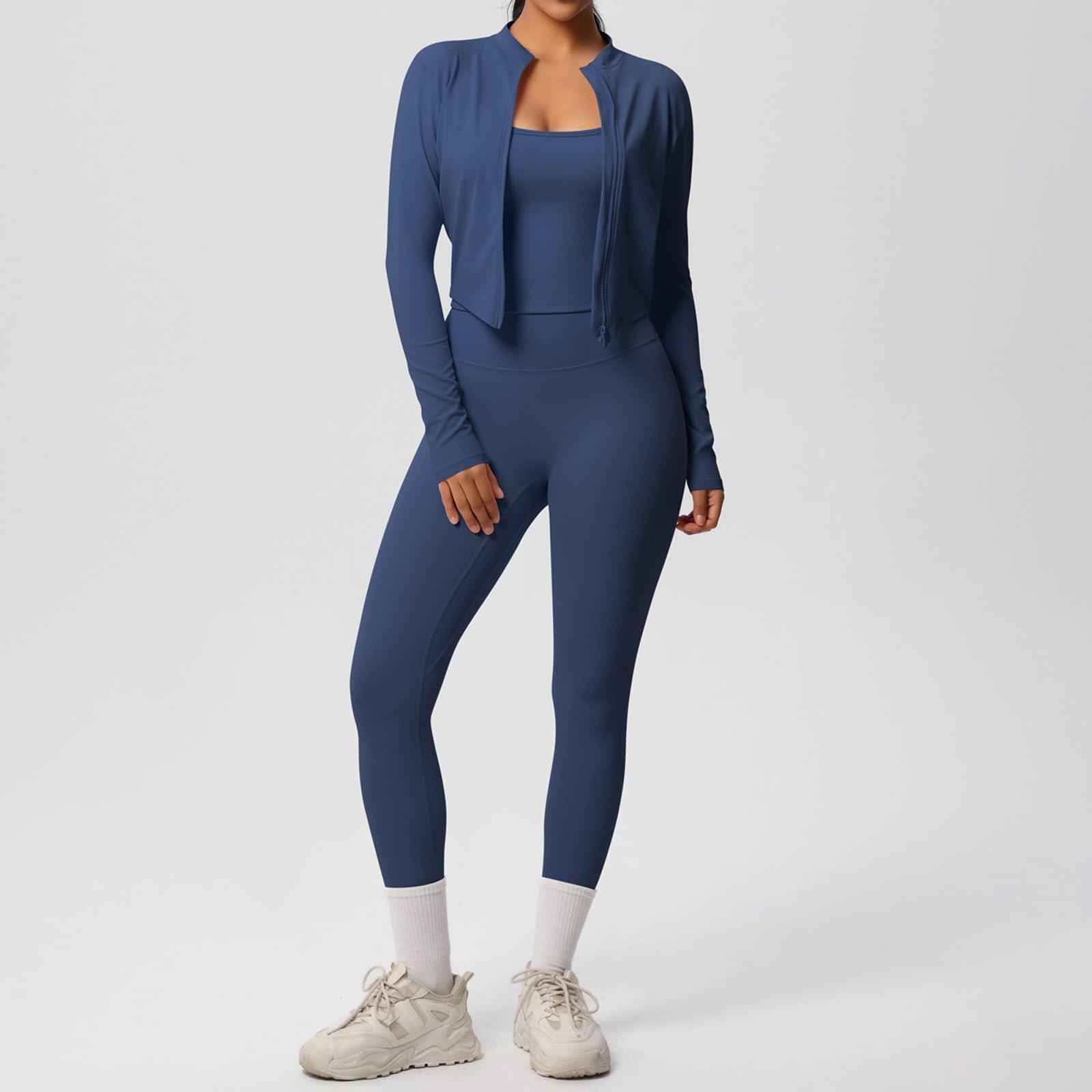 Damen Sportanzug 3 Stück Herbst und Winter Jogginganzüge Leggings Crop Top und Mantel Yoga Sport Tracksuit Baumwolle Fitness Running Loungewear Sportwear Yoga für Training und Fitnessstudio