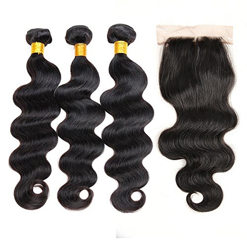 ZILING Brazilian Virgin Hair Body Wave with Lace Closure 3 Bundles with Closure(12 14 16 w 12 Free Part )