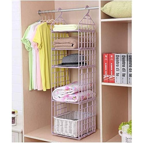 Image of Plastic 5 Layer Folding Clothes Storage Racks Dormitory Closet for Students Wardrobe Shelves Hanging Organizer Storage Holders & Racks, Off-White
