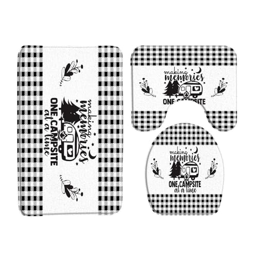 VPUPCN 3 Pcs Camper RV Bath Rugs Set,Farmhouse Camping Travel Trailer Rustic Buffalo Plaid Happy Camp Kitchen Rug with 24