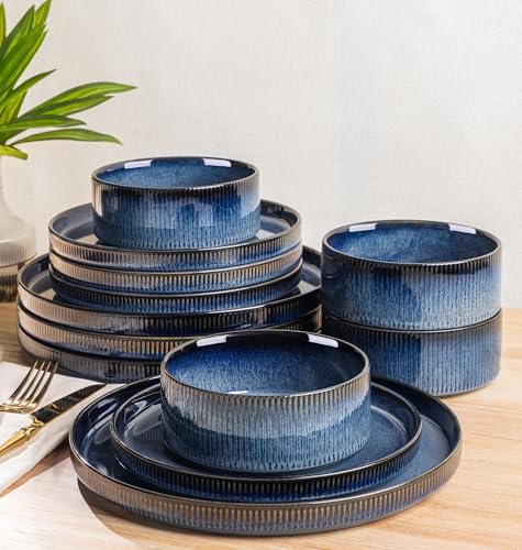 Image of TheTerra Ceramic Dinnerware Sets for 4, 12 Pieces Porcelain Lightweight Plates and Bowls Sets, Scratch Resistant Dish Set, Oven & Microwave & Dishwasher Safe, Starry Blue
