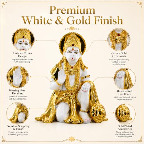 Image of Hanuman Idol Ceramic Showpiece, Golden & White Decorative Hanuman Murti for Pooja Room, Temple /Home Decor, Auspicious Gift (35 cm)
