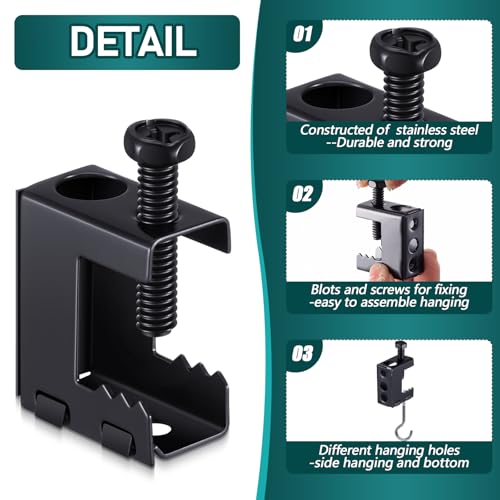 Image of Tandefio 800 Pcs 1 /4 inch-20 Spring Steel Beam Clamps Metal Beam Hangers Bolt on Clamp for Installation on Beams 1 /4 inch and 3 /8 inch Threaded Rod, S Hooks Bridle Rings for Pipe Cable Woodworking Tool (Black)
