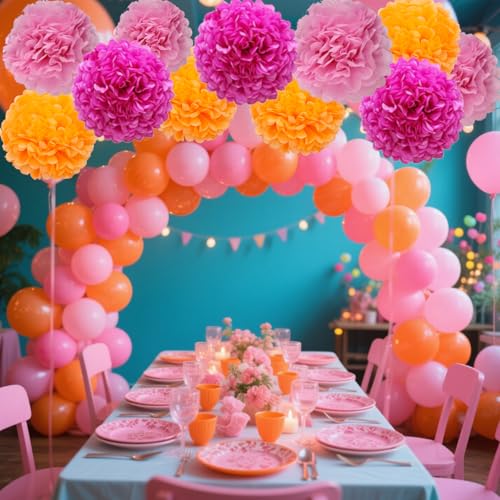 Image of Rose Red,Light Pink and Orange Paper Pom Poms Decorations for Pink Orange Party Ceiling Wall Hanging Tissue Flowers Decorations,12pcs 3 Colors of 12 Inch, 10 Inch