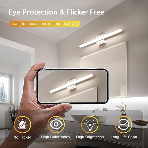Image of Combuh Lights for Bathroom Vanity Fixtures Above Mirror Soft Shadow Free Wall Lamp, LED 14W 24 Inch Long Lamp Bars Chrome Natural White 4000K Restroom Lighting Lamparas Luces para Banos Sobre Espejo | 24 inch long, chrome, soft shadow free, linear, for power room, rustproof, 4000K natural white, lampara para bano, 1 pack
