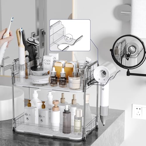 AmzAge Makeup Counter Organizer With Hair Dryer Holder, Bathroom Countertop Storage, Cosmetics Skincare And Personal Hygiene Products Organizer,Perfume for Dresser Vanity Tray (Transparency)
