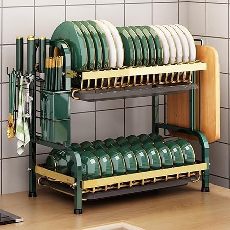2 Tier Dish Drying Rack Large, Space Saving Dish Dryer Rack with Drainboard, Dish Drainer Rack, Metal Dish Racks for Kitchen Counter with Utensil Holder Color Gold Green (51D x 24.5W x 41H cm)