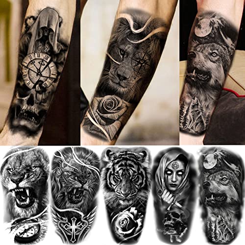 COKTAK 64 Sheets Large Black Arm Temporary Tattoos For Men Forearm Women Thigh, Half Sleeve Animals Lion Tiger Wolf Temp Tattoo Stickers Adults, Death Skull Compass Flower Fake Tattoos That Look Real - Thumbnail 3