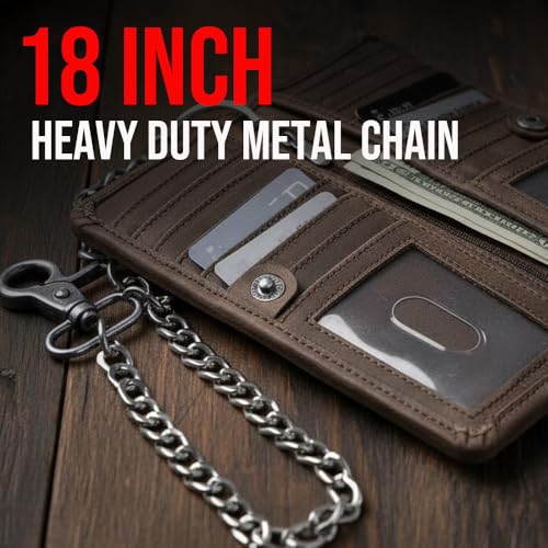 Image of CLASSIC Motorcycle Chain Wallet for Men - Premium Cowhide Leather, RFID Bi-Fold Biker Wallet with Heavy Duty ChainBikers Truckers & Hunters, Credit Card Money Organizer Long Wallet Crazy Horse Brown