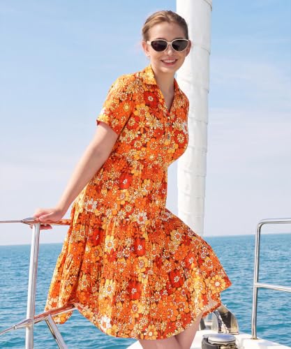 Image of CARCOS Plus Size Dresses for Curvy Women Collared Vneck Short Sleeve Dresses Midi Summer Ruffle Dress with Pocket XL-5XL