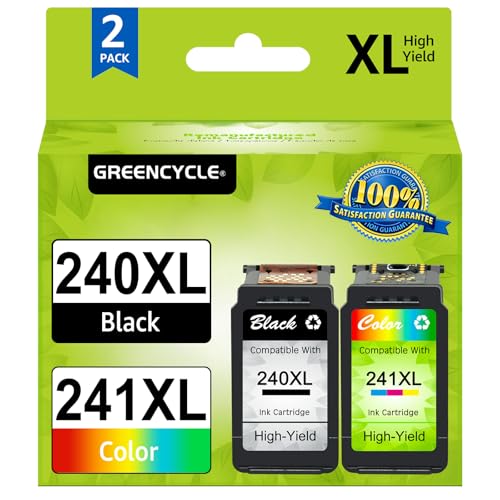 greencycle 240XL 241XL PG240XL CL241XL Ink Cartridge Compatible for Canon PG-240XL 240 XL CL-241XL 241 XL PIXMA MG3620 MG4220 MG3220 MG2220 MX392 MX432 MG3522 Printer (1 Black, 1 Tri-Color)