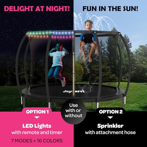 Image of JoyBerri Upsurge Trampoline Outdoor - ASTM Certified Safe 8Ft 10Ft 12Ft 14Ft 15Ft 16Ft Recreational Trampoline for Kids and Adults. Anti-Rust Coating with Enclosure Net, Ladder, Sprinkler & LED Lights