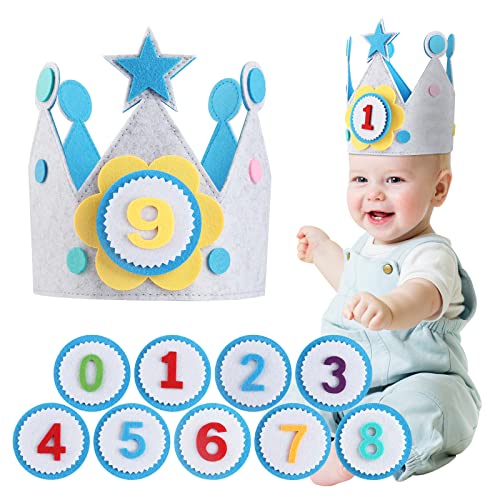 ECHOCUBE Sombreros de Fieltro Reutilizables para niños, Sombrero de Feliz cumpleaños Gris y Azul con Velcro Ajustable, Decoraciones para Fiestas de cumpleaños para niños de 1 a 9 años