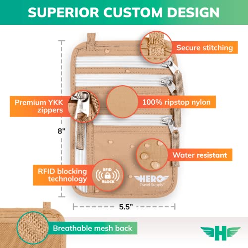 Image of HERO Neck Wallet - RFID Blocking Passport Holder, Easy to Conceal Travel Pouch (Beige)