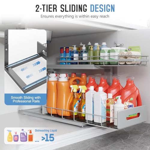 Image of Under Sink Organizer Upgrade To Professional Rails,2-Tier Dual Pull Out Cabinet Storage,Height Adjustable Slide Out Drawers For Bathroom Kitchen,2 Pack-21 inchDx12.8 inch-16.9 inchH,Gun Gray