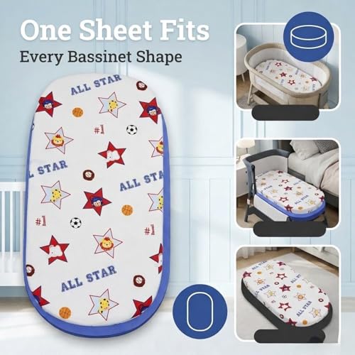 Image of 2-Pack Bassinet Sheets - 100% Cotton Percale Jungle Sports and Blue Bassinet Mattress Pad Fitted Sheet for Baby Boy; Compatible with Bassinet Bedside Co-Sleeper Lounger Brands; Oval Rectangle Mattress