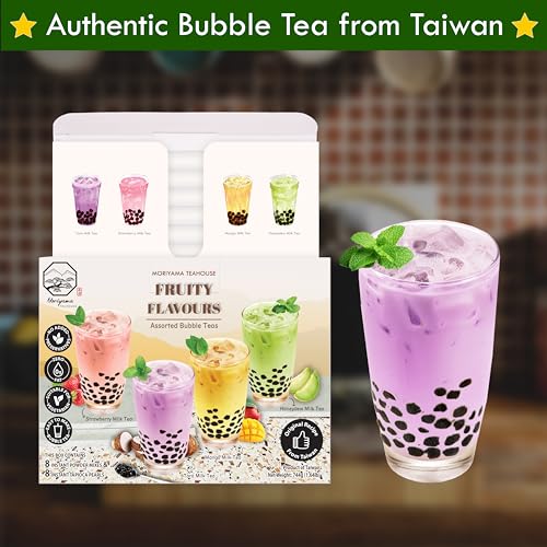 Bubble/Boba Tea Kit with Instant Tapioca Pearls and Milk Tea Powders | Makes 8 Drinks | Assorted Fruity Flavours include Taro, Mango, Honeydew, Strawberry in Individual Sachets by Moriyama Teahouse