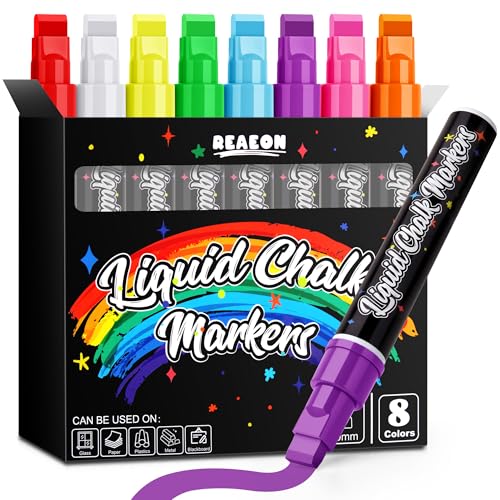 Reaeon Jumbo Liquid Chalk Markers for Blackboards Bold Color Erasable Chalk Pens with 10mm 3 in 1 Nib Washable Dust-Free Pens for Glass Signs Windows Cars Chalkboard (8-Pack)